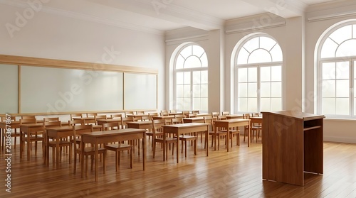 Empty classroom learning space with wooden desks and whiteboard
