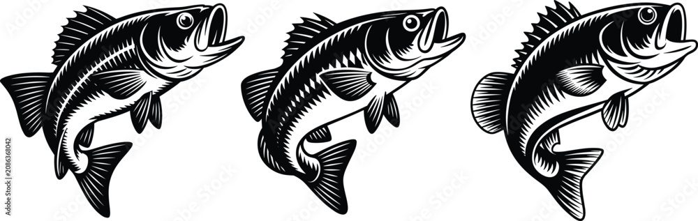 Fototapeta premium Black bass fish vector icon set jumping with open mouth isolated on white background for fishing logo design templates