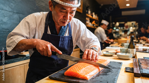 Professional japanese sushi chef slicing fresh raw salmon fish using sharp knife traditional wooden cutting board busy authentic asian restaurant cooking