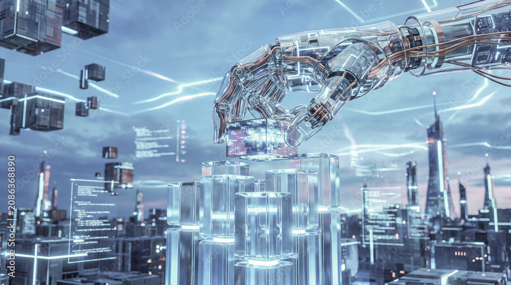 Fototapeta premium Bright metallic robotic hand featuring glowing neon network links representing modern smart technology innovation showing fast virtual server connection creating dynamic cyber visual background
