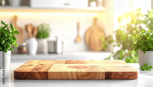 Empty Wooden Cutting Board on Kitchen Countertop with Plants. minimal