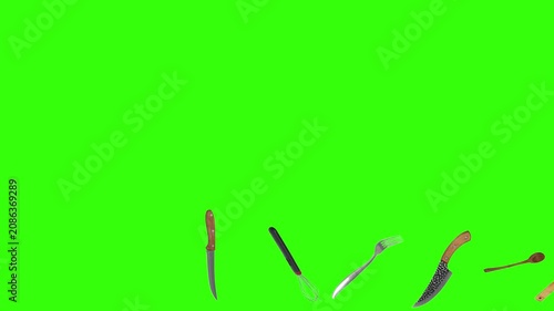 Collage of kitchen utensils falling against a vibrant green background