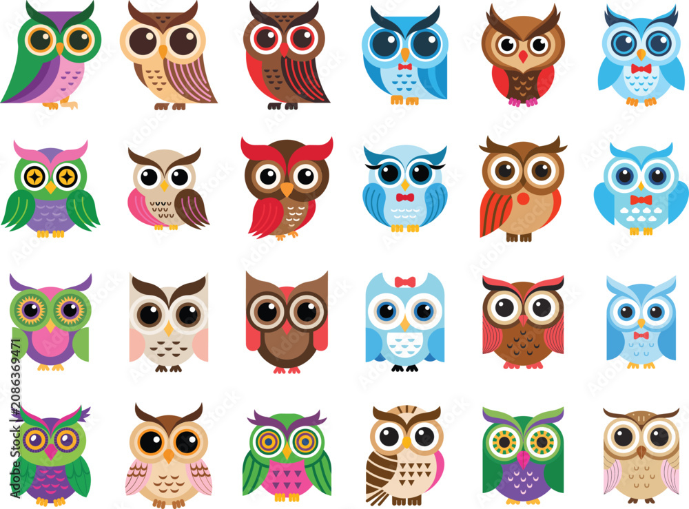Fototapeta premium Collection of colorful cartoon owl vector icons with cute expressions and big eyes for children stickers and nursery decor