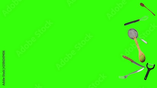 Collage of kitchen utensils falling against a vibrant green background