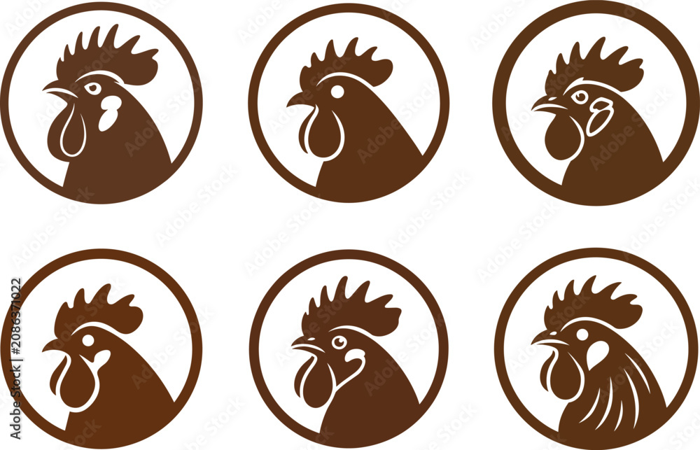 Obraz premium Collection of vector rooster head logos inside circle frames for poultry farm branding and organic food business identity