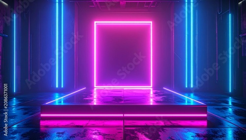 Futuristic Neon Stage with Glowing Rectangular Frame. digital