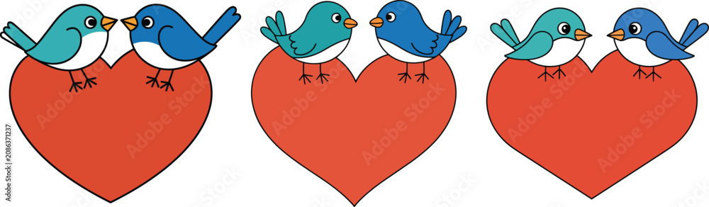Fototapeta premium Cute cartoon bluebird couple set sitting on red hearts isolated on white background for Valentines Day greeting cards