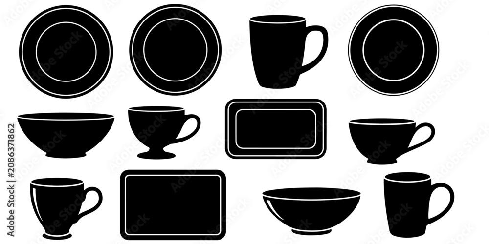 Obraz premium Kitchen tableware icon collection including plate, bowl, mugs, cup, tray, and glass silhouettesfor restaurant, dining, household, catering, and menu design