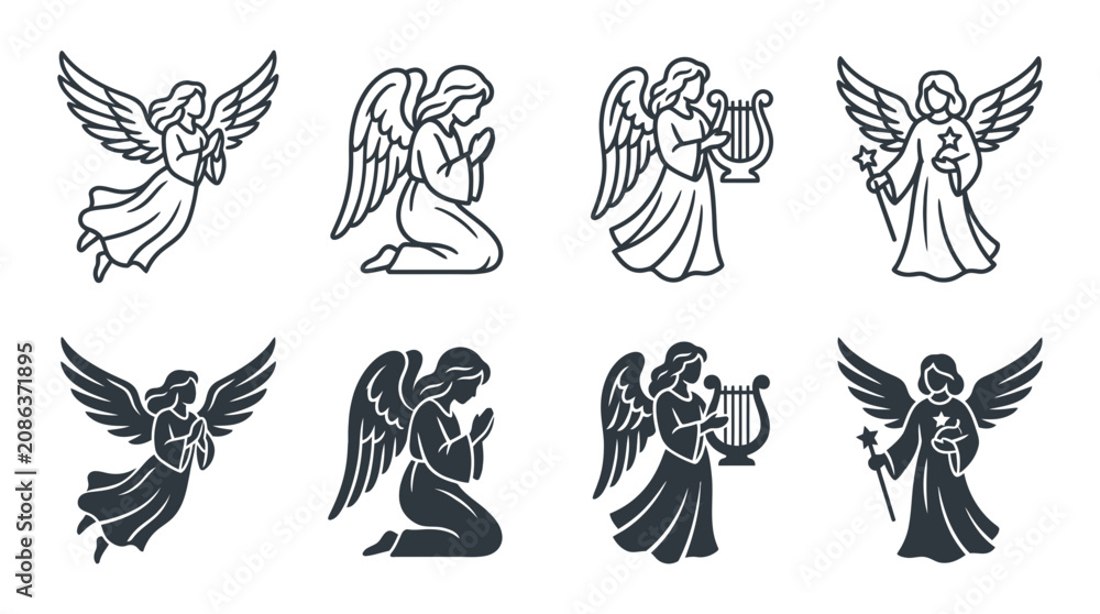 Fototapeta premium Collection of guardian angel icons in linear and silhouette style with guardian spiritual religious christian