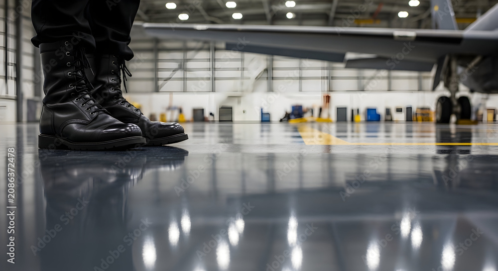 Obraz premium Black Military Boots Positioned on a Shiny Floor Inside an Aircraft Hangar with Visible Aircraft in the Background in a Modern Aviation Environment