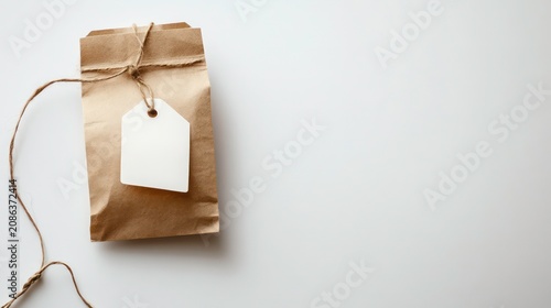 Blank Label on Brown Paper Bag, Minimalist, Gift Packaging, White Background