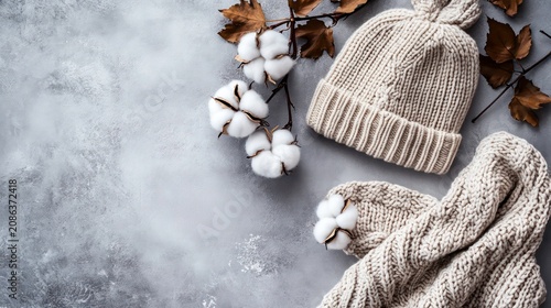 Cozy winter or autumn scene with a knitted hat, scarf, and cotton plant on a gray background. Perfect for fashion, seasonal, or lifestyle projects