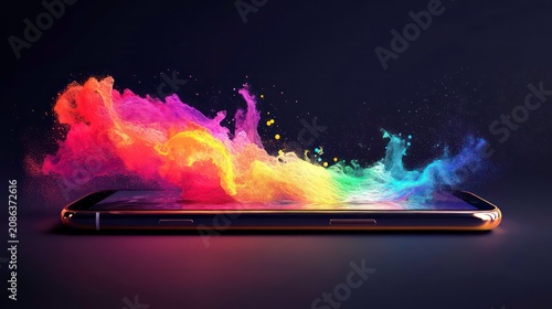 Colorful explosion from a phone, abstract display, dark background. Possible use Technology, graphic design, digital art