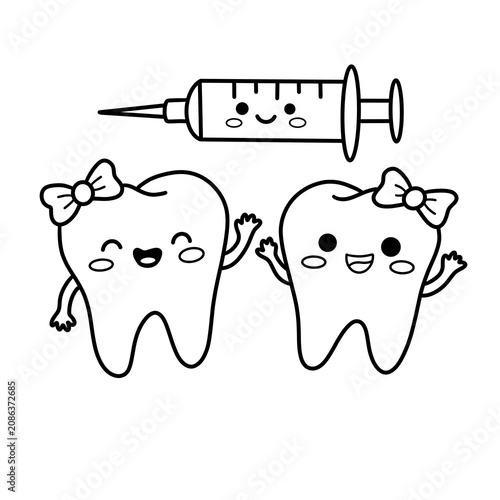 Cute Kawaii Smiling Teeth with Bows and Syringe Dental Care Line Art Coloring Page