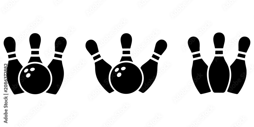 Fototapeta premium Bowling icon set featuring pins and bowling ball silhouettes in multiple arrangements isolated on white background for sports, recreation, game, competition, and vector design concepts