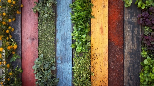 Colorful wooden planks with herbs and spices. Displaying culinary herbs. Possible use Cookbook, food blog