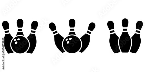 Fotografie Bowling icon set featuring pins and bowling ball silhouettes in multiple arrange