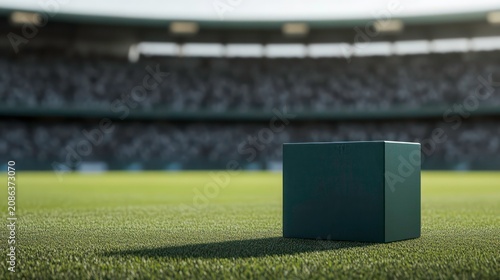 Empty soccer or cricket or football stadium with a green presentation podium in the foreground. Ideal for sports event promotion, award ceremonies, or stadium imagery.