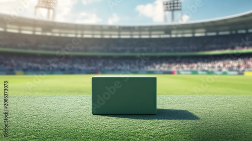 Empty soccer or cricket or football stadium with a green presentation podium in the foreground. Ideal for sports event promotion, award ceremonies, or stadium imagery.
