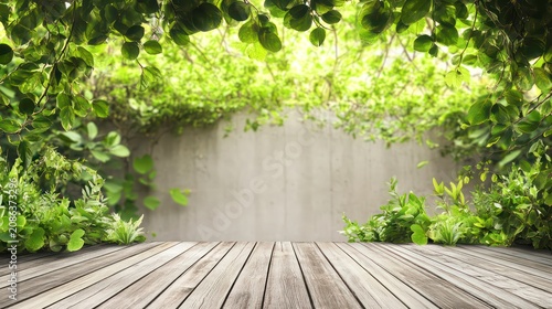 Empty wooden deck with greenery background. Ideal for product display