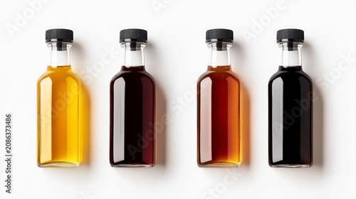 Four glass bottles with black caps showcasing a range of coffee drinks, from light to dark roast, isolated on a white background. Perfect for coffee shop menus, beverage advertisements, or lifestyle