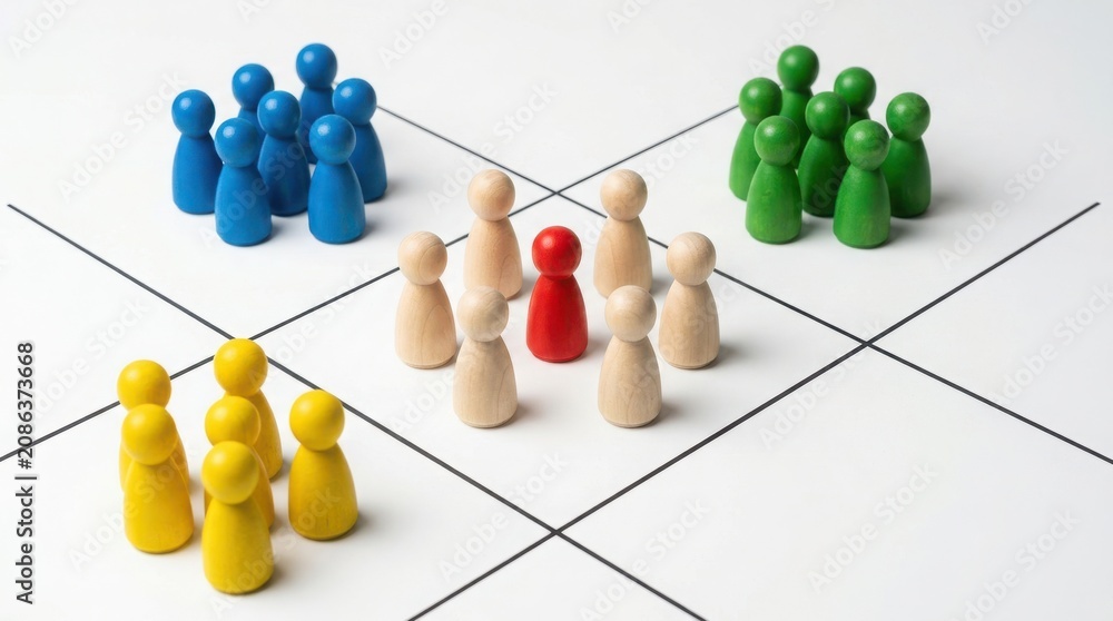 Obraz premium Wooden figures arranged in groups on a white surface with grid lines