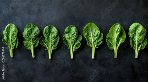 Fresh romaine lettuce arranged in a row on a dark background, showcasing vibrant green leaves and crisp texture.