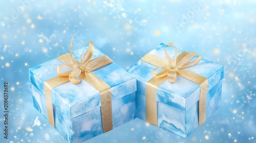 Two elegant blue gift boxes with gold ribbons on a blue bokeh background, perfect for holiday or special occasion marketing, social media posts, or greeting cards.