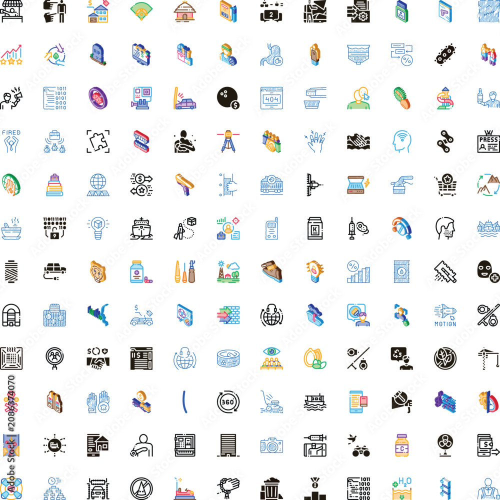 Fototapeta premium Diverse collection of business, technology, finance, travel, and health icons illustrating various concepts, services, and digital processes in a large vibrant set