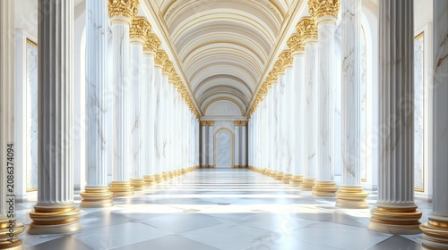 Ornate hallway with white marble columns and gold accents. Ideal for architecture, history, luxury, or wedding themes.