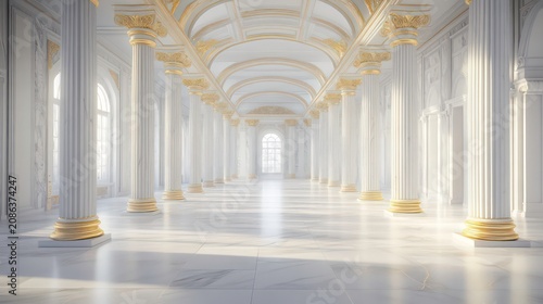 Ornate hallway with white marble columns and gold accents. Ideal for architecture, history, luxury, or wedding themes.