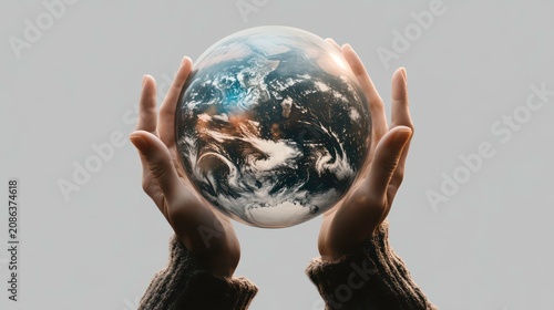 Hands holding Earth globe, symbolizing global responsibility, for awareness and education