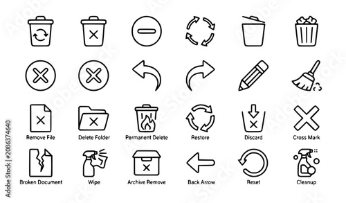 Fotografía Delete Trash Remove Editable Stroke Line Icon Set Vector Collection Isolated on