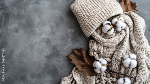 Cozy winter or autumn scene with a knitted hat, scarf, and cotton plant on a gray background. Perfect for fashion, seasonal, or lifestyle projects