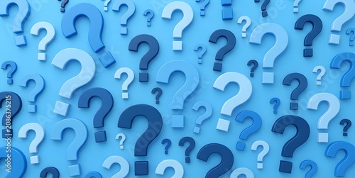 Many blue question marks of different sizes and shades scattered on a vibrant light blue background pattern