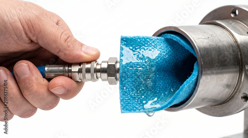 Water Leak Test on Metal Pipe With Blue Cloth and Hose Connector