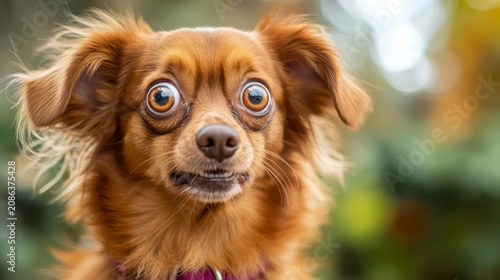 Close-up of a surprised, wide-eyed dog with a worried expression. Perfect for pet care, humor, or animal behavior articles.