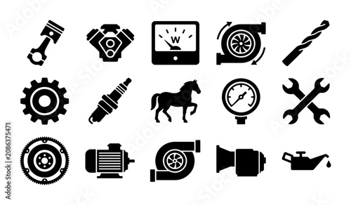 фотографія Automotive engine parts and mechanical tools icon set, 15 black vector silhouett