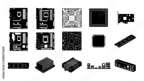 Fotografía Computer hardware component icons set, black silhouette motherboard and processo