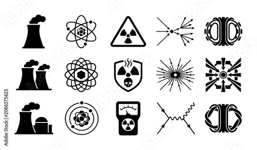 Foto Nuclear energy icons set, 15 atomic power and physics vector symbols, radioactiv