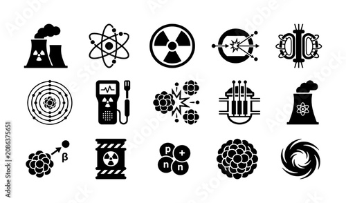 Tableau sur toile Nuclear energy icon set with 15 black vector symbols, atomic power plant and rad