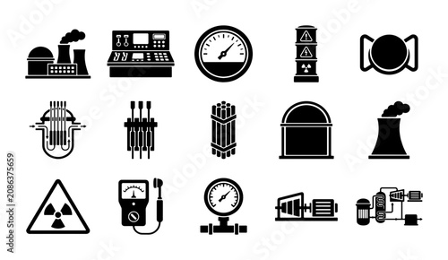Schilderij op canvas Nuclear power plant icons set, industrial energy station symbols, atomic reactor
