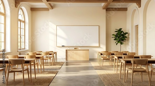 Empty classroom with desks and whiteboard in natural light