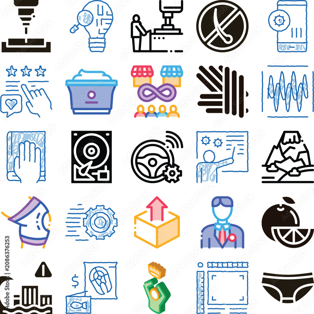 Obraz premium Collection of various science, technology, engineering, and digital innovation icons representing concepts like manufacturing, data, communication, and development