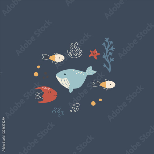 Photography Cute whale and tropical fish composition