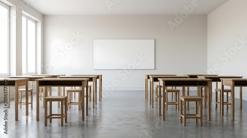 Empty classroom with desks and whiteboard ready for learning