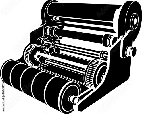 Printing machine rollers and gears, industrial equipment for paper processing.