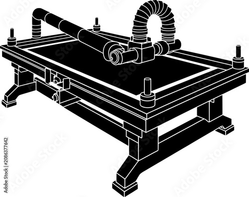 Professional engineering workbench silhouette with mechanical hose assembly.