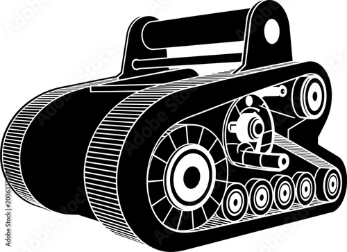 Treaded vehicle mechanism, part of heavy machinery, industrial equipment.