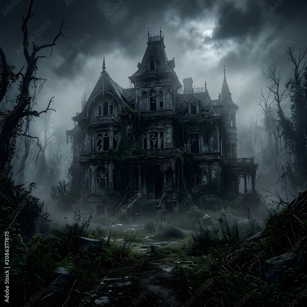Obraz premium Haunting gothic castle shrouded in dense fog.